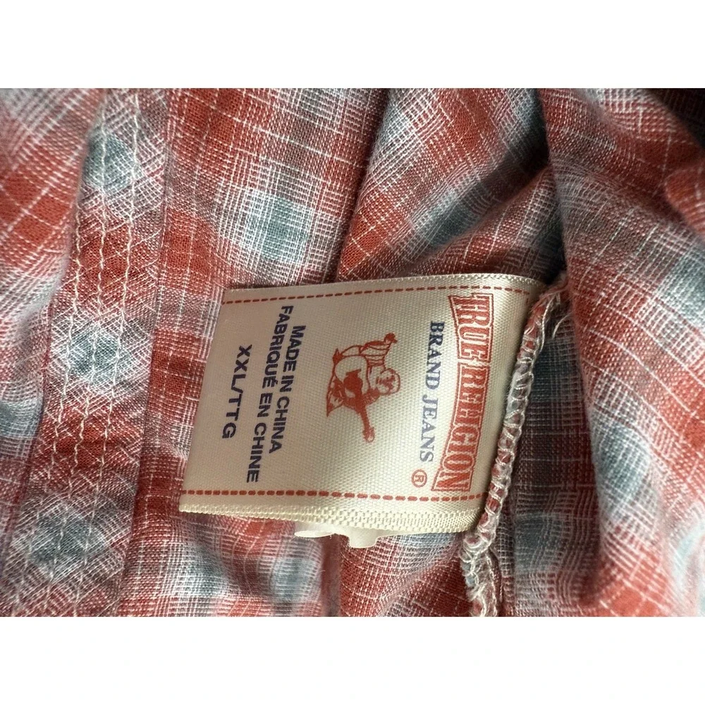 True Religion Short Sleeve Rocky Western Shirt Mens XXL Red Plaid Pearl Snap
